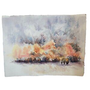 Watercolor Painting Of Autumn Forest Scene Bear landscape nature Textured Paper